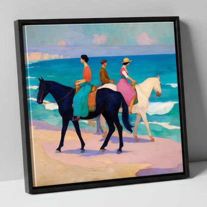 Azure Coastal Hack horse landscape canvas wall art in black frame