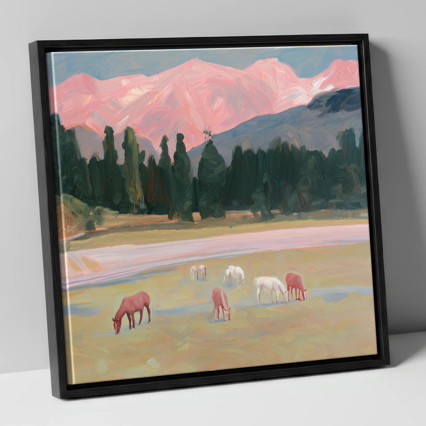 Alpenglow Pastures horse landscape canvas wall art in black frame