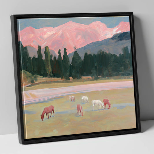 Alpenglow Pastures horse landscape canvas wall art in black frame
