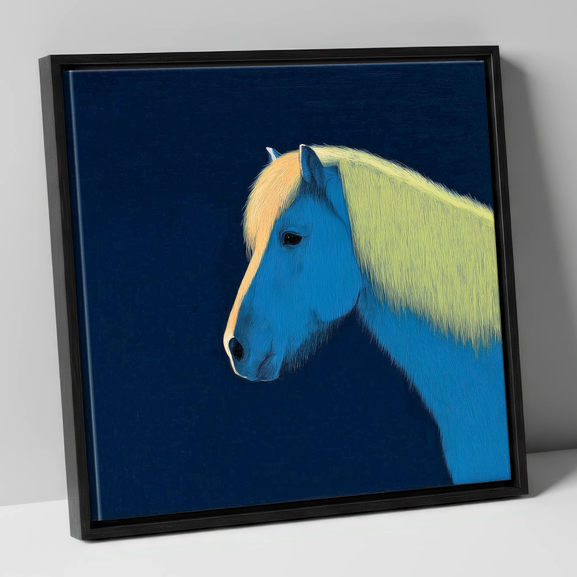 Electric Blue Profile horse breed canvas wall art in black frame
