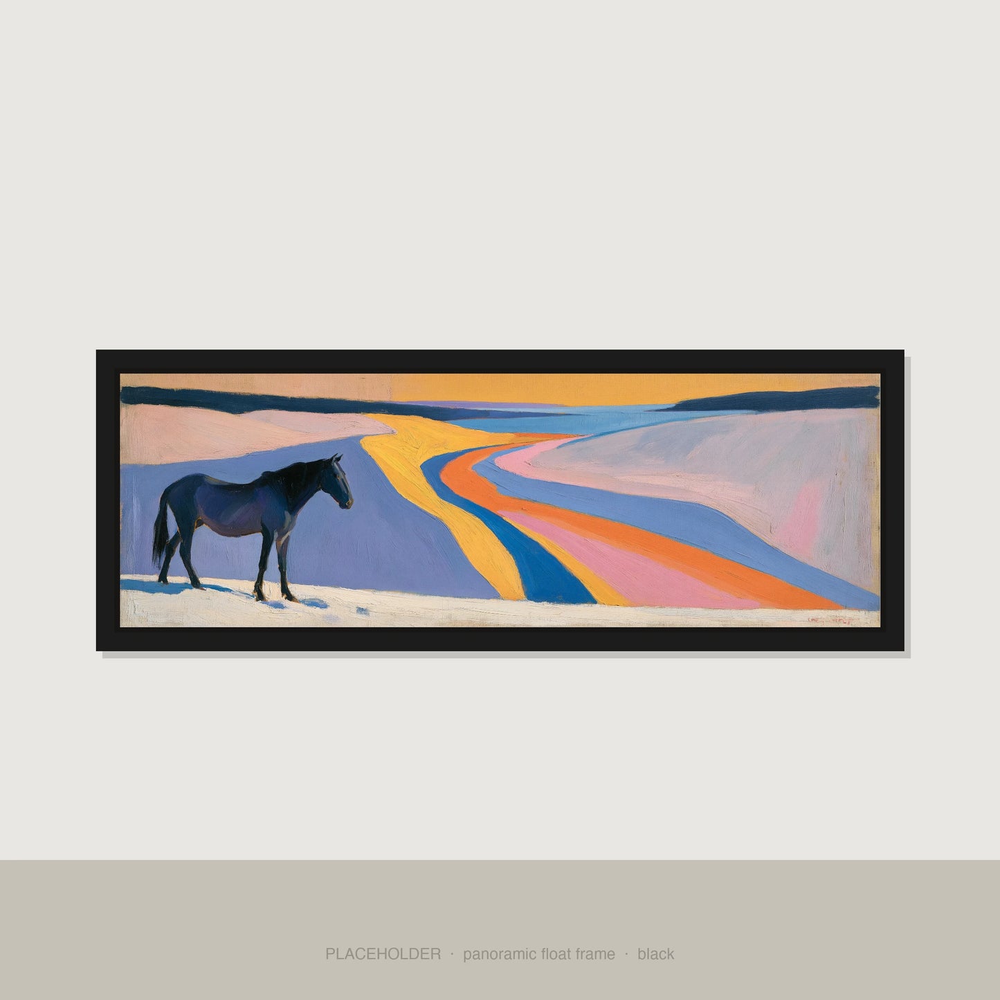 The Painted Valley Horse Landscape panoramic canvas wall art in black float frame