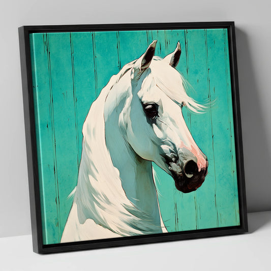 Vibrant Grey on Teal horse breed canvas wall art in black frame