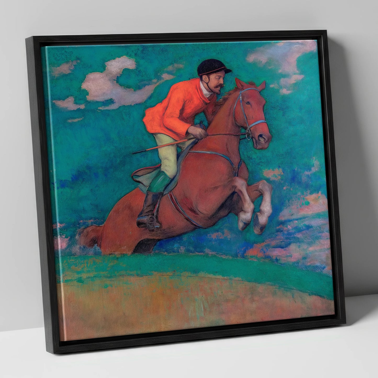 The Crimson Chase racing horse canvas wall art in black frame