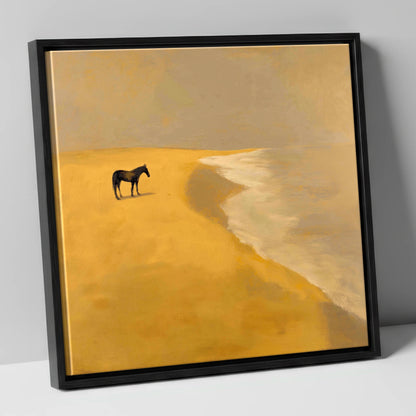 Golden Shoreline Solitude horse landscape canvas wall art in black frame