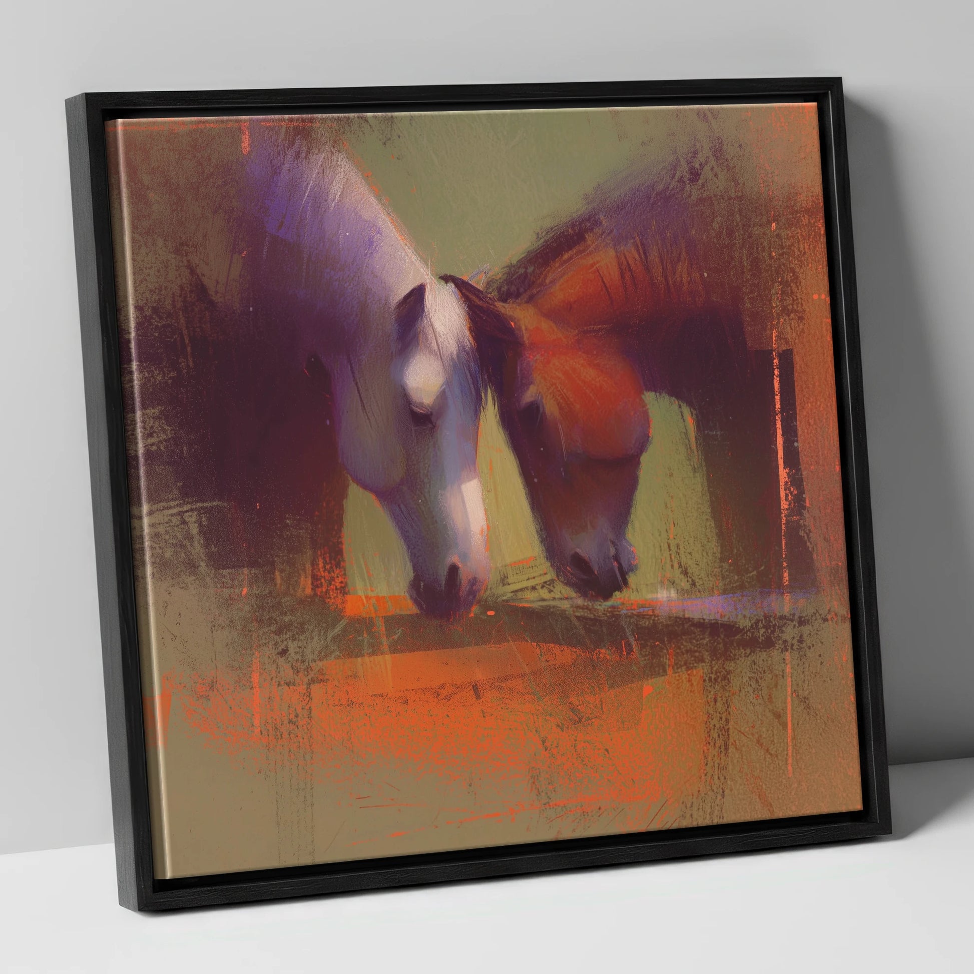 Sunlit Grazing Companions horse portrait canvas wall art in black frame