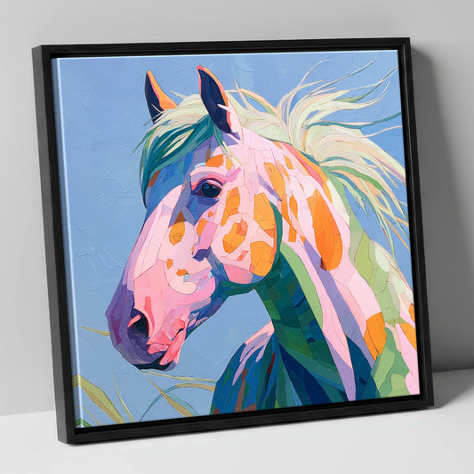 Technicolour Spirit horse breed canvas wall art in black frame