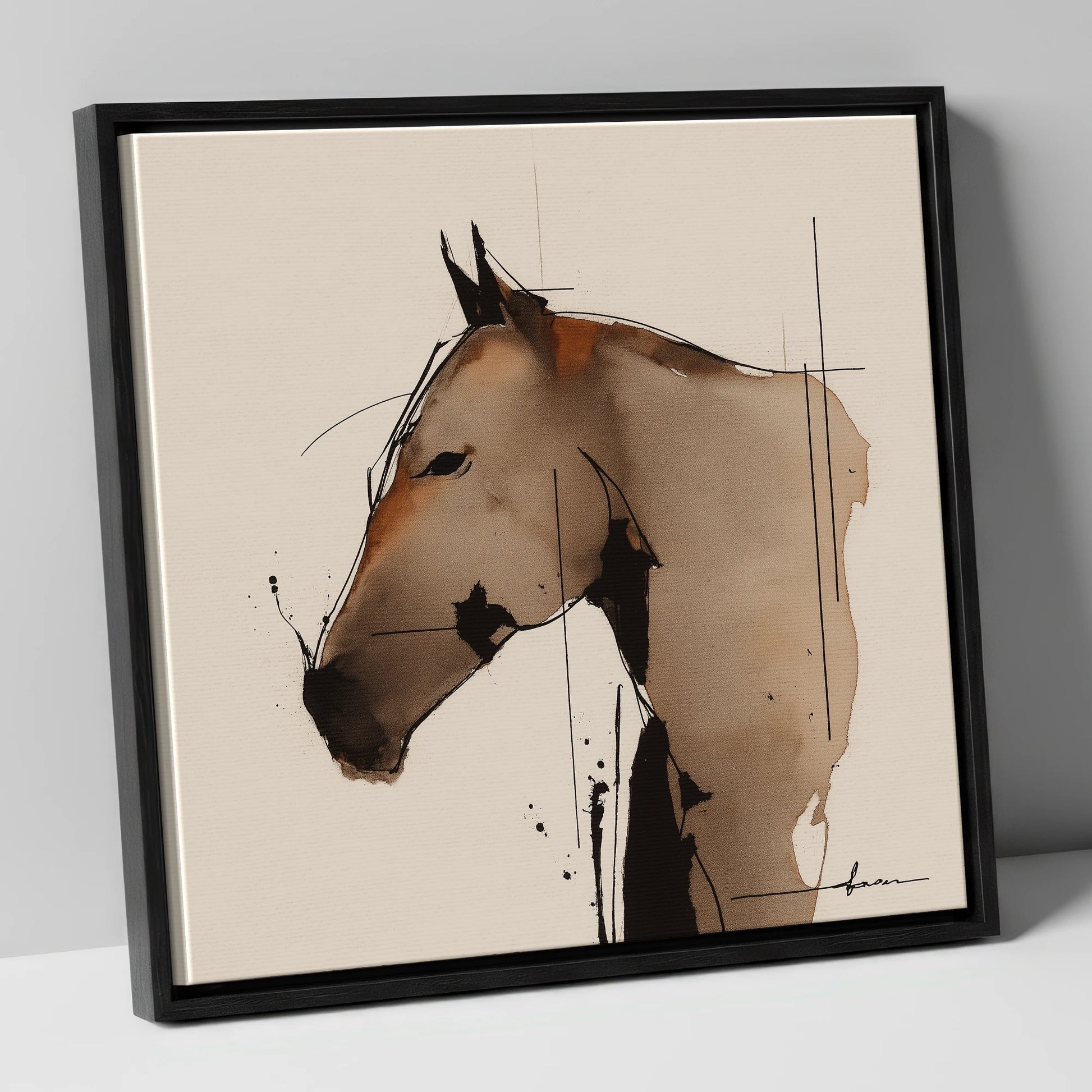 Abstract Sepia Profile horse portrait canvas wall art in black frame