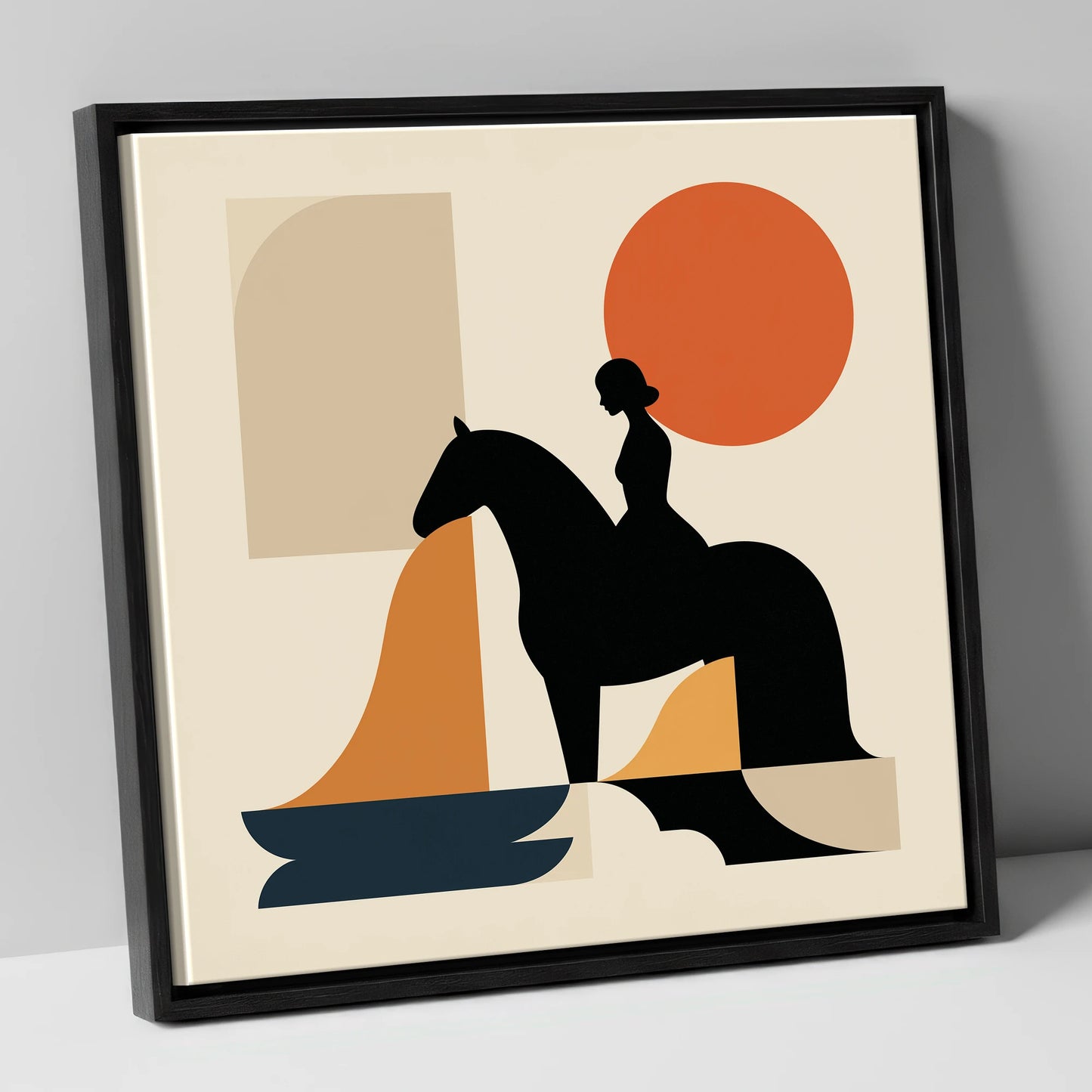 Abstract Equestrian Silhouette horse & rider canvas wall art in black frame