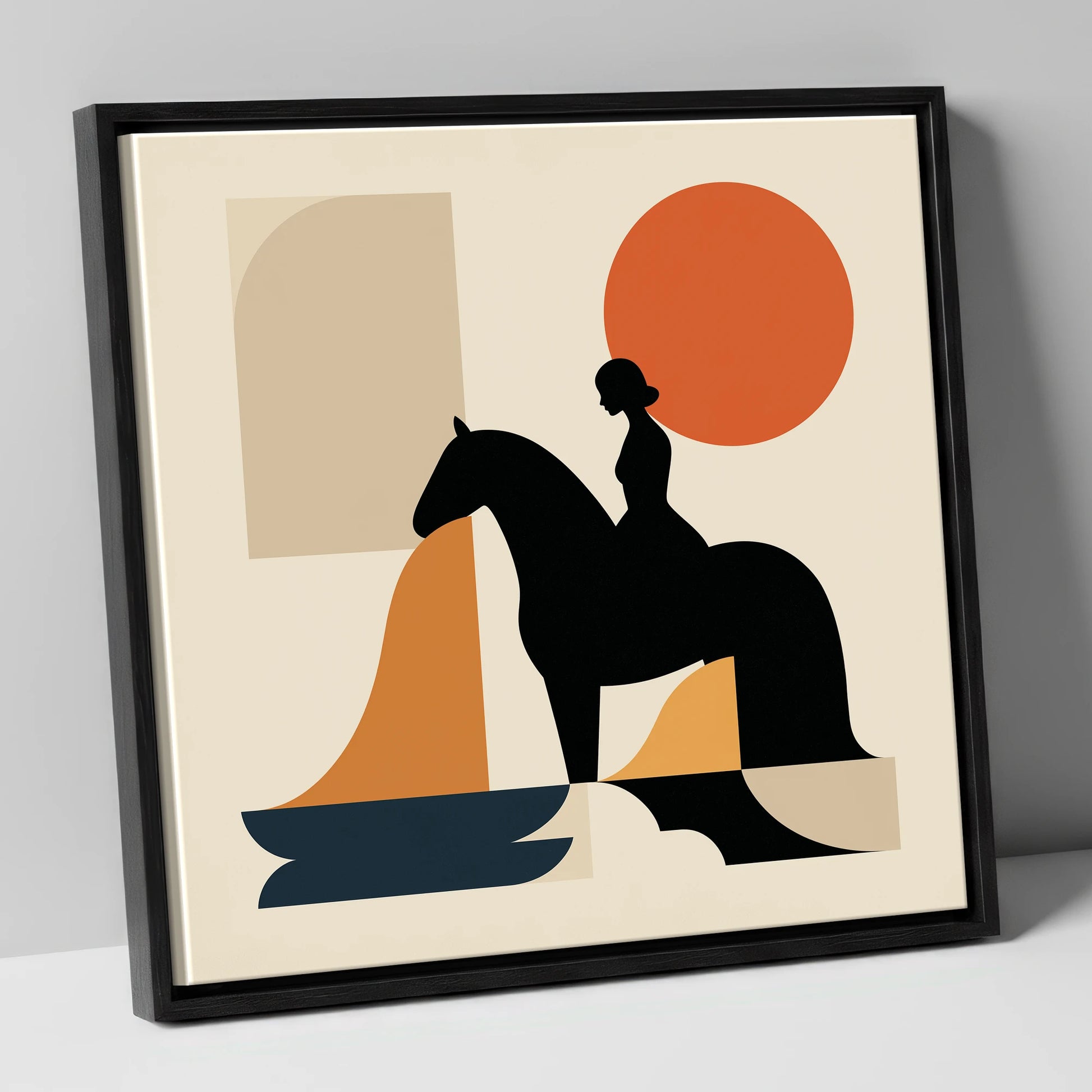 Abstract Equestrian Silhouette horse & rider canvas wall art in black frame