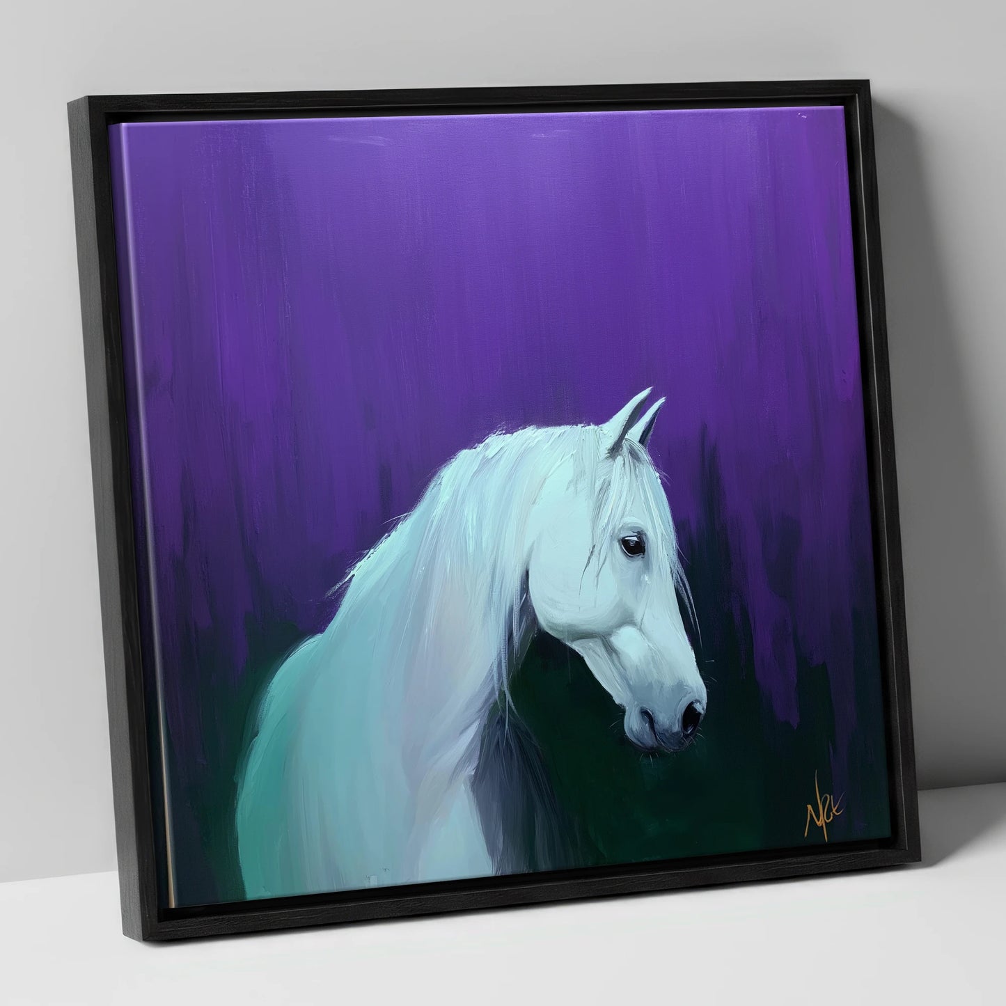 Ethereal Grey in Violet horse breed canvas wall art in black frame