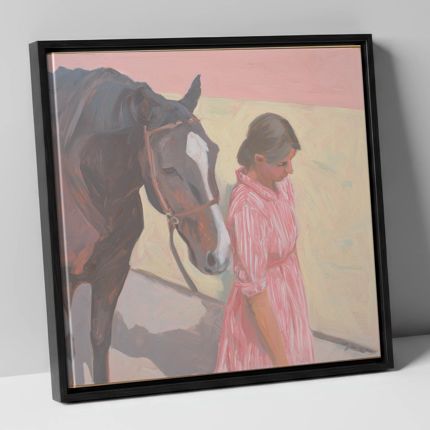Walking in Step horse & rider canvas wall art in black frame
