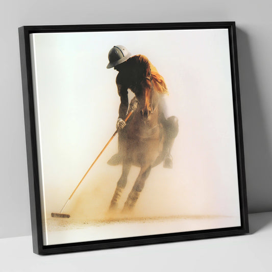 Out of the Dust polo horse canvas wall art in black frame