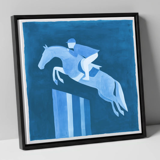 Azure Ascent show jumping horse canvas wall art in black frame