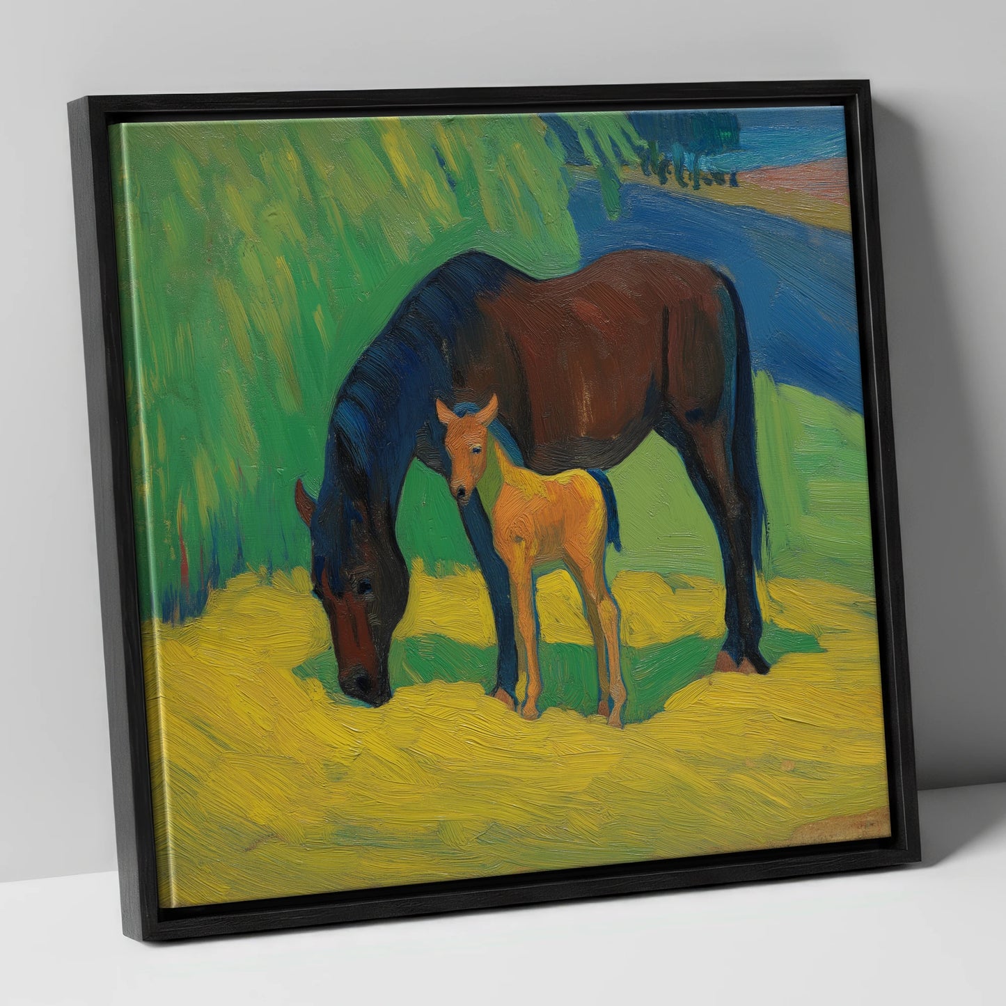 Vivid Grazing Companions mare & foal canvas wall art in black frame