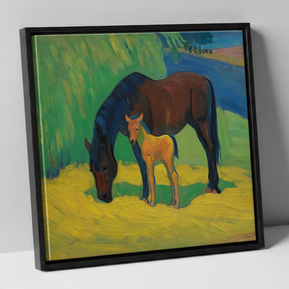 Vivid Grazing Companions mare & foal canvas wall art in black frame