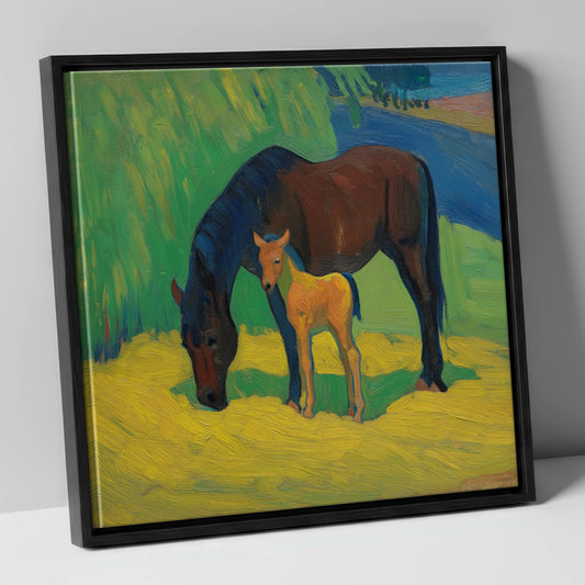 Vivid Grazing Companions mare & foal canvas wall art in black frame