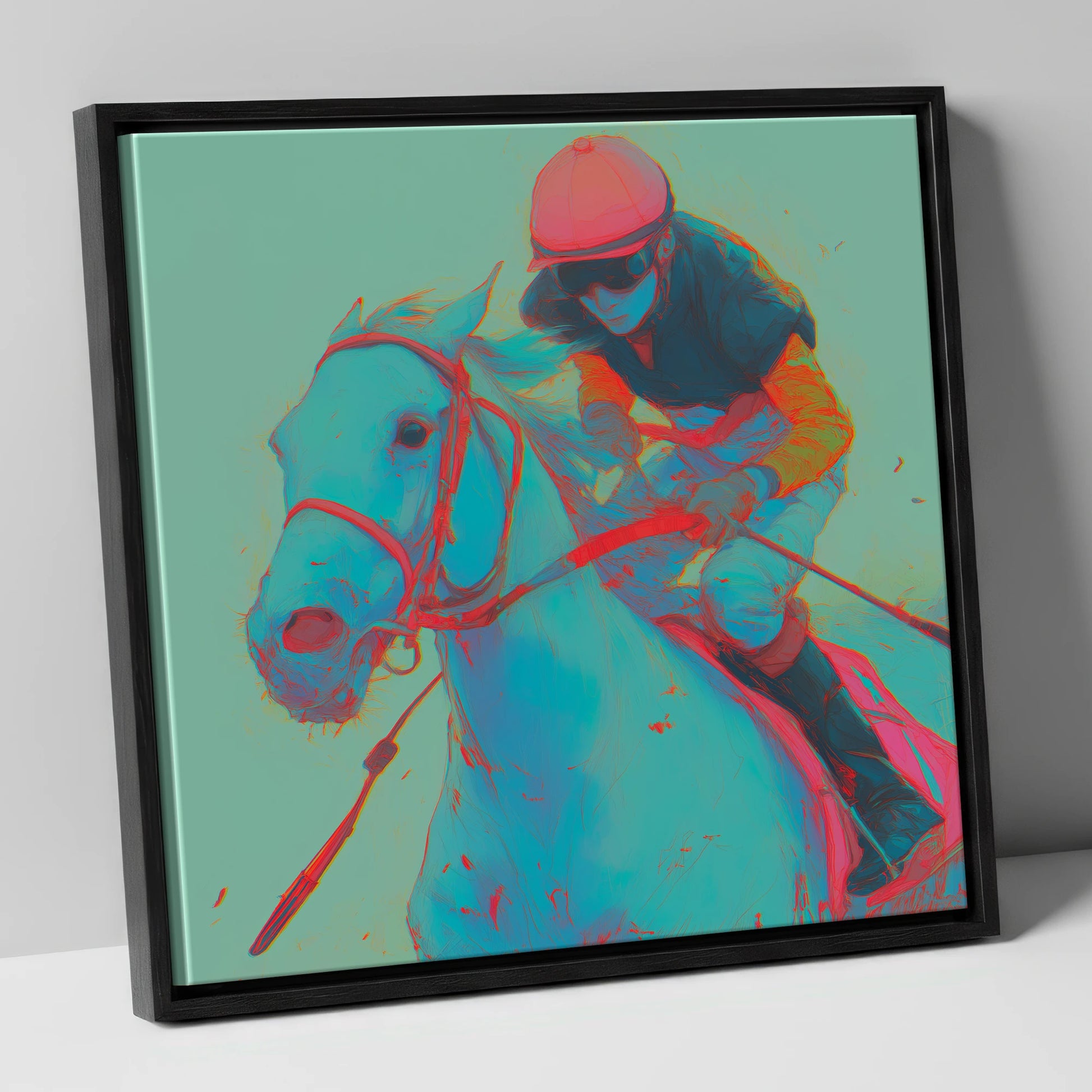 Electric Furlong racing horse canvas wall art in black frame