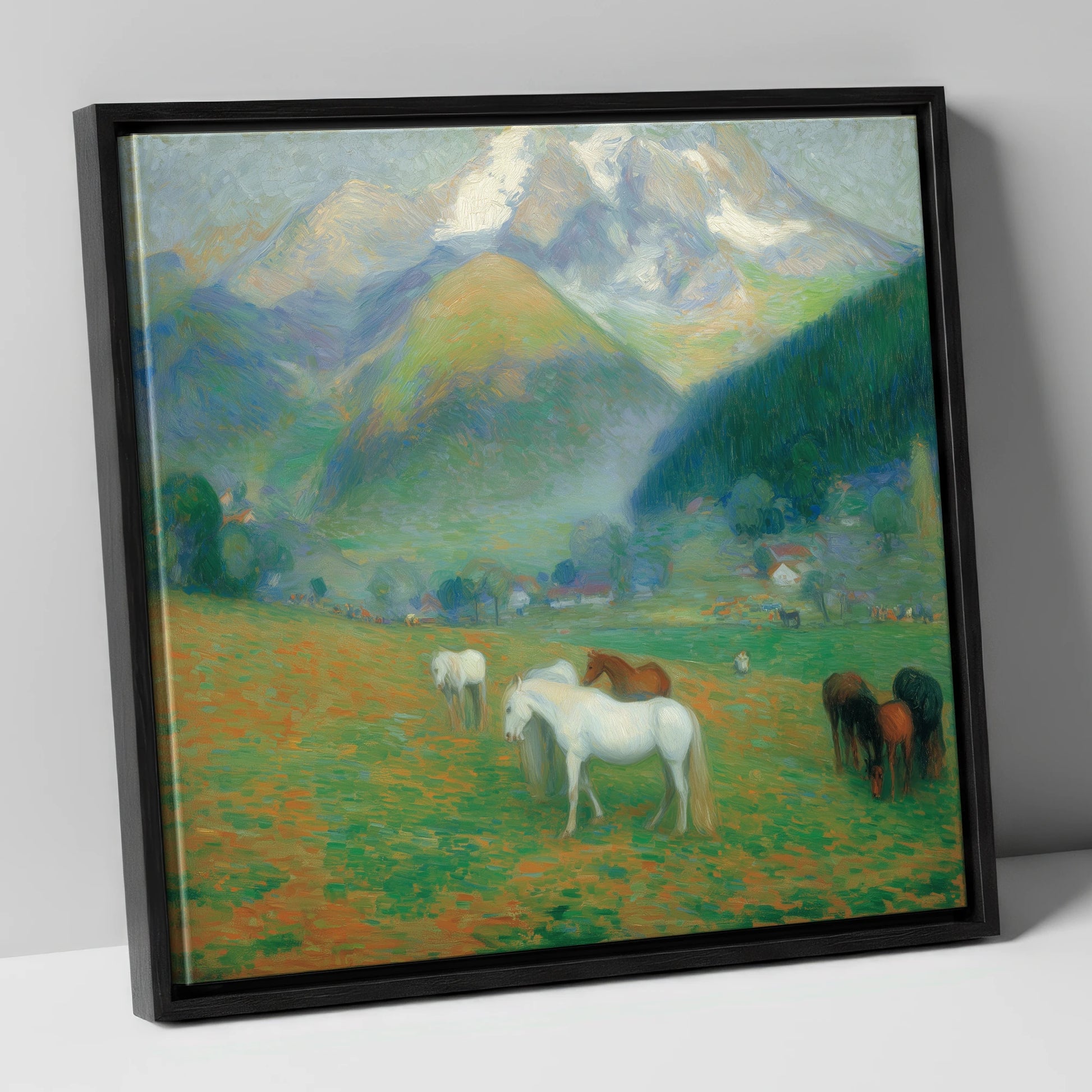 Luminous Mountain Pastures horse landscape canvas wall art in black frame
