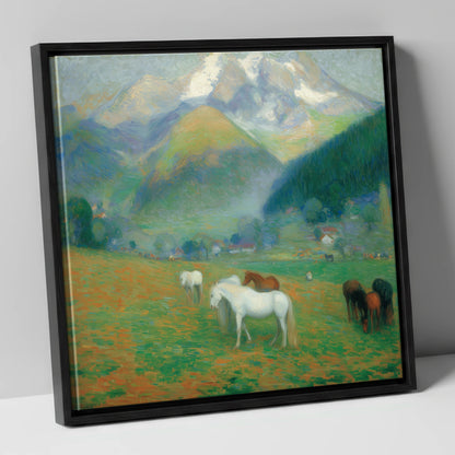Luminous Mountain Pastures horse landscape canvas wall art in black frame