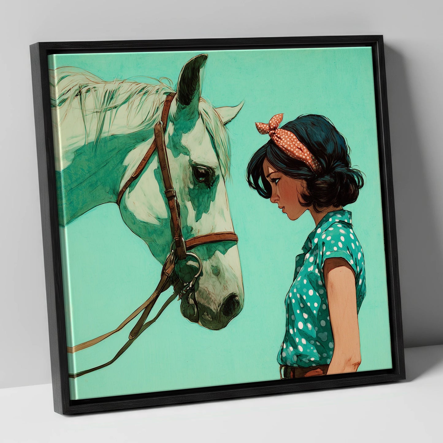 The Quiet Exchange horse & rider canvas wall art in black frame