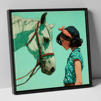 The Quiet Exchange horse & rider canvas wall art in black frame