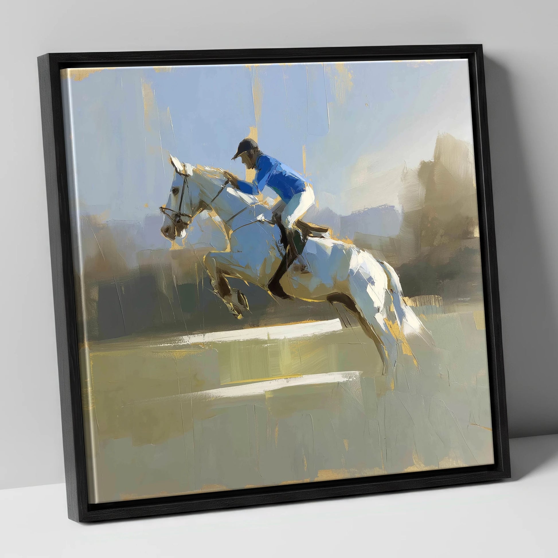 Flight in Blue show jumping horse canvas wall art in black frame