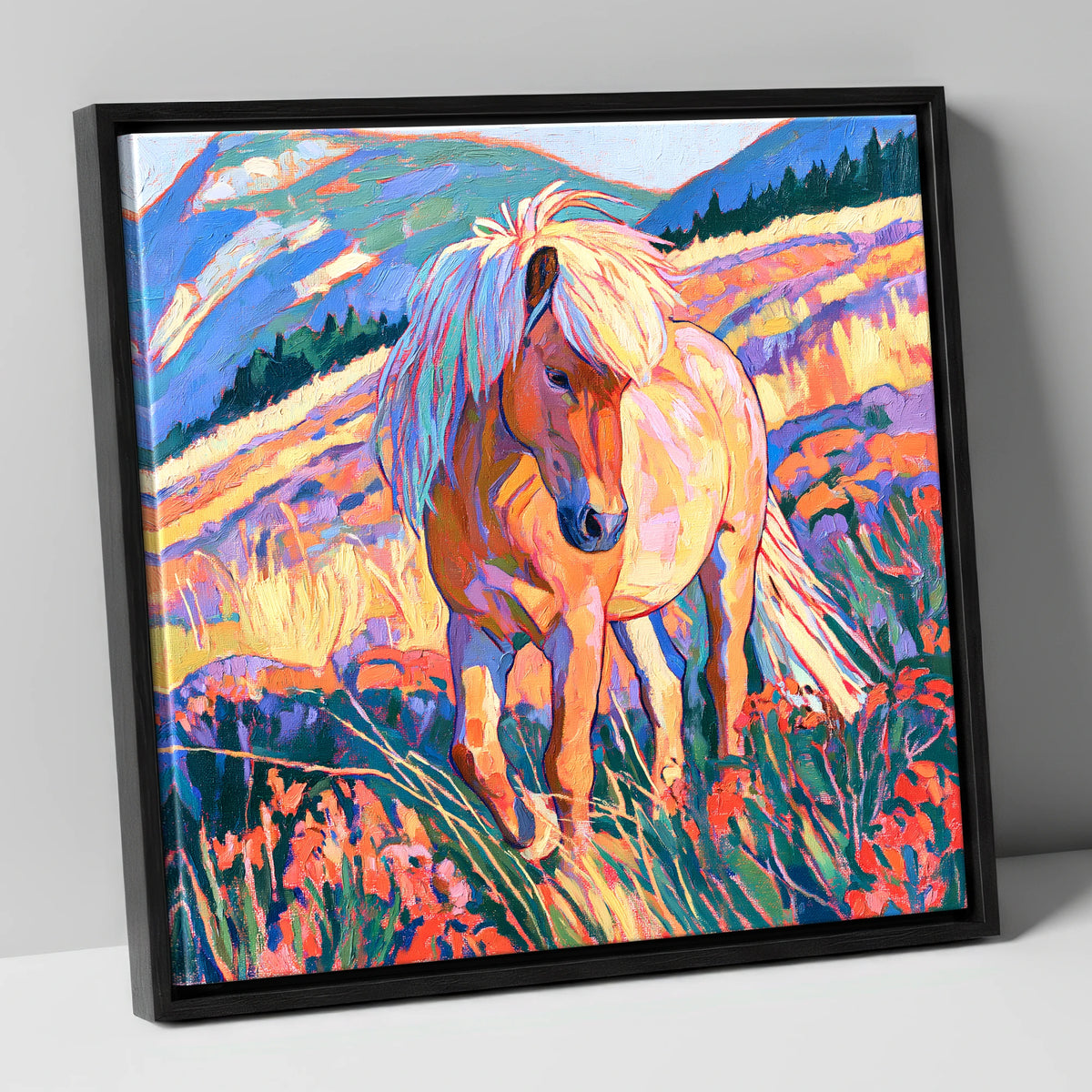 Fjord Horse in Vibrant Mountains horse breed canvas wall art in black frame