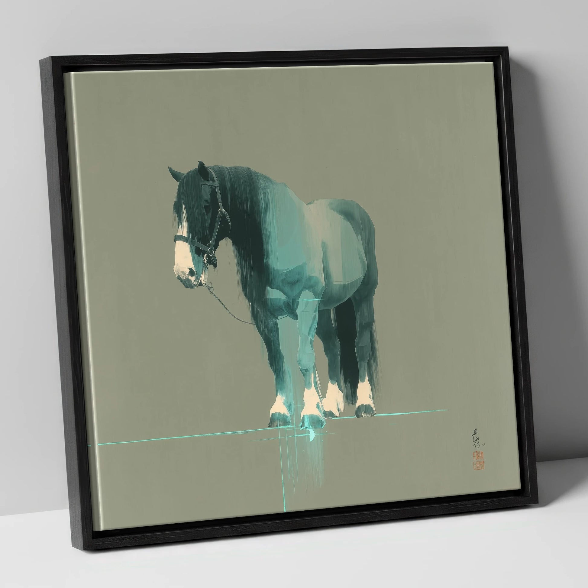 Teal Draught Silhouette horse breed canvas wall art in black frame