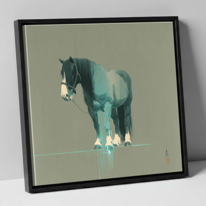 Teal Draught Silhouette horse breed canvas wall art in black frame