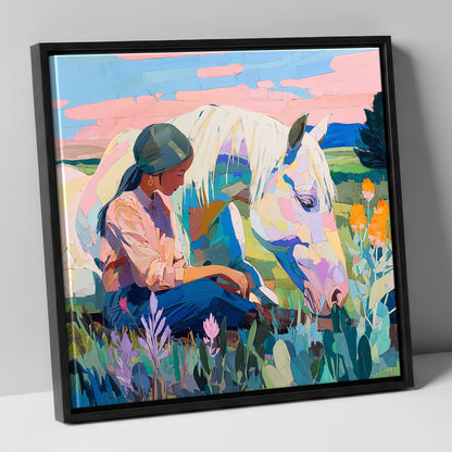 Quiet Summer Connection horse & rider canvas wall art in black frame