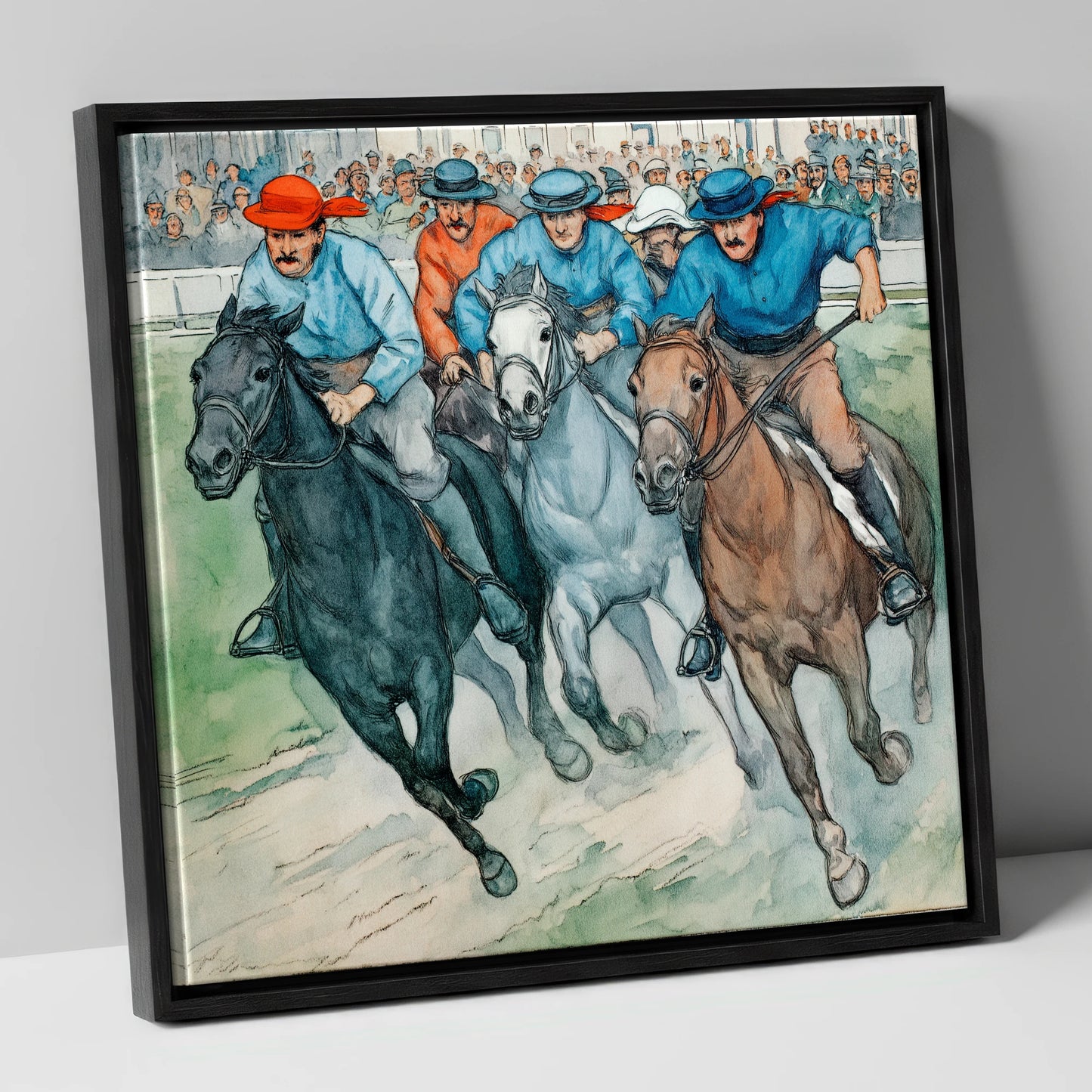 Classic Turf Rivalry racing horse canvas wall art in black frame