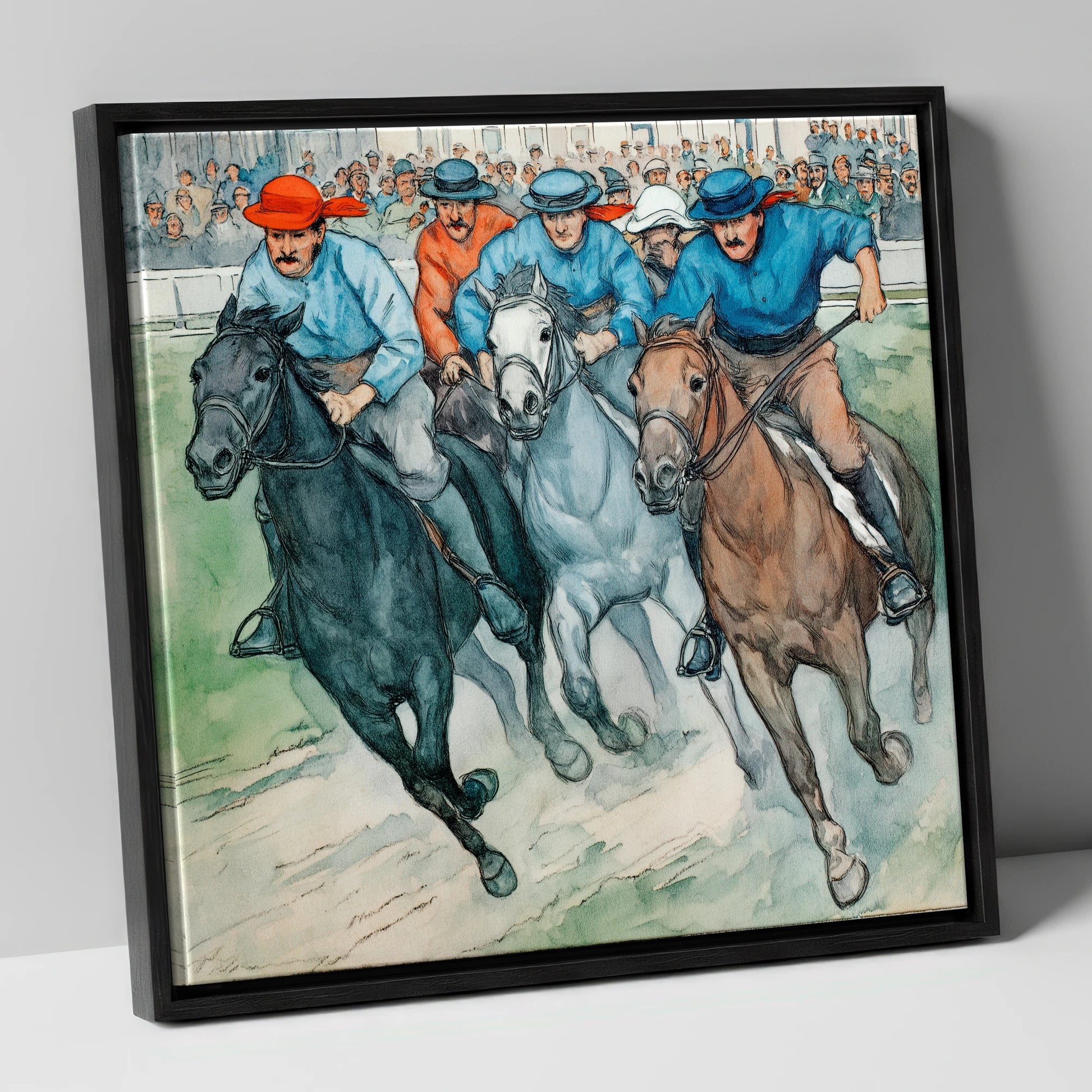 Classic Turf Rivalry racing horse canvas wall art in black frame