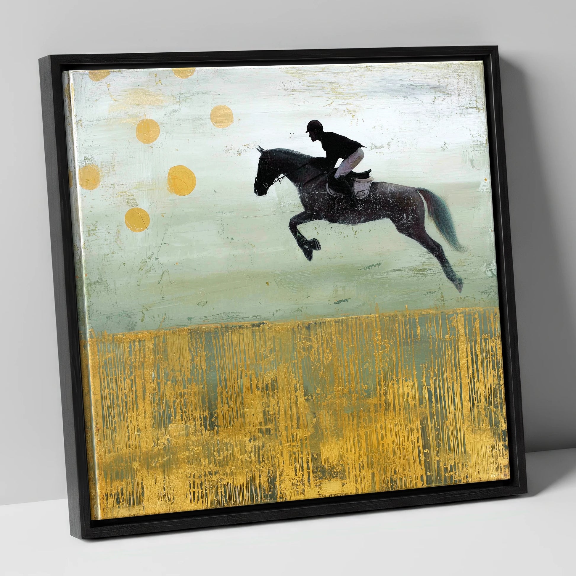 Gilded Flight show jumping horse canvas wall art in black frame