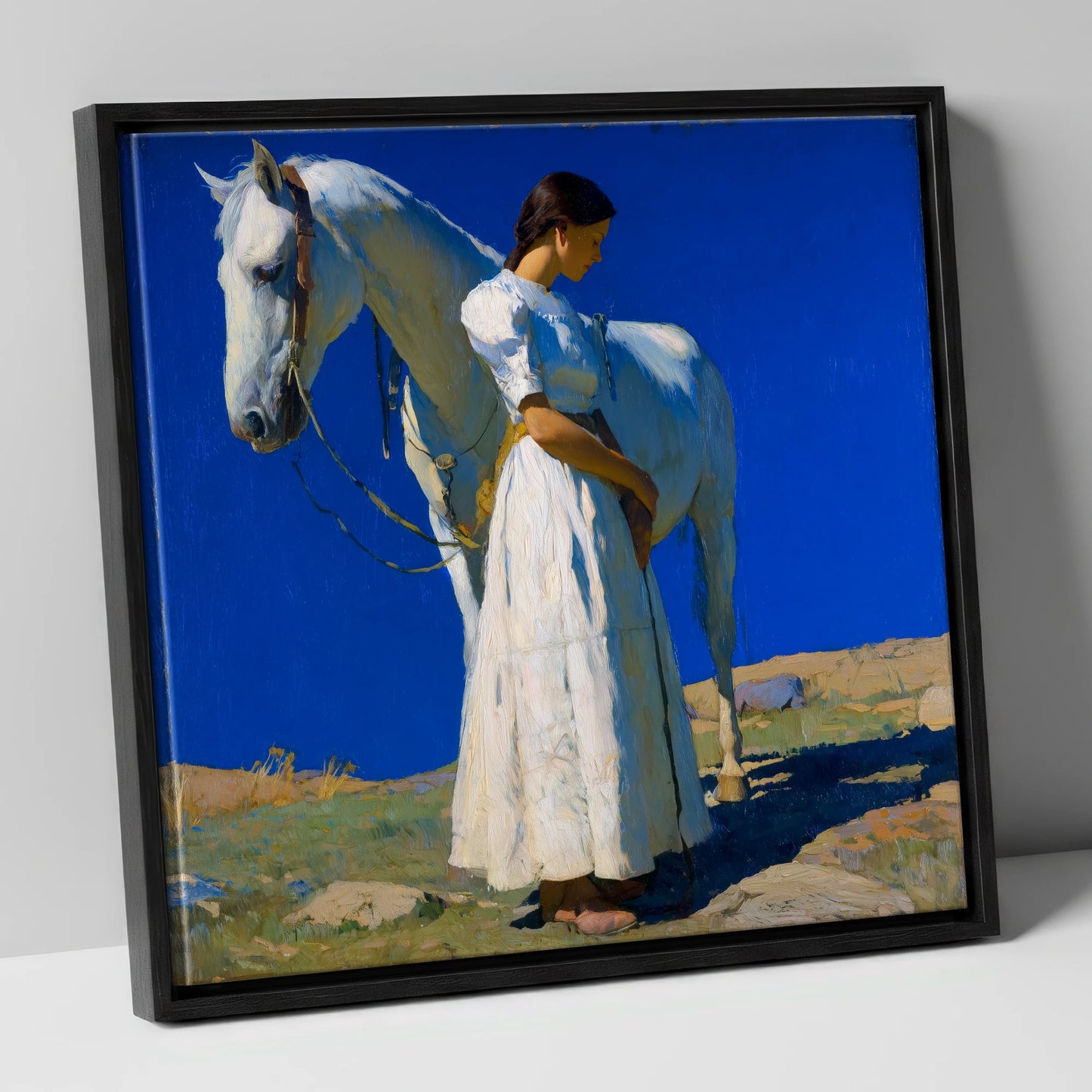 Under Azure Skies horse & rider canvas wall art in black frame