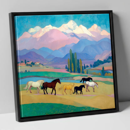 Vibrant Alpine Herd horse landscape canvas wall art in black frame
