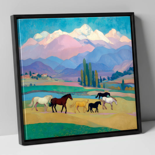 Vibrant Alpine Herd horse landscape canvas wall art in black frame