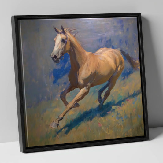 Golden Stride racing horse canvas wall art in black frame