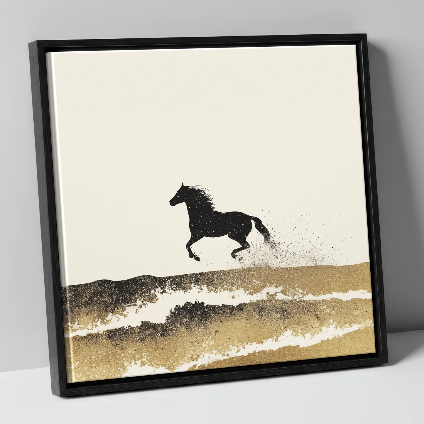 Gilded Coastal Gallop beach horse canvas wall art in black frame