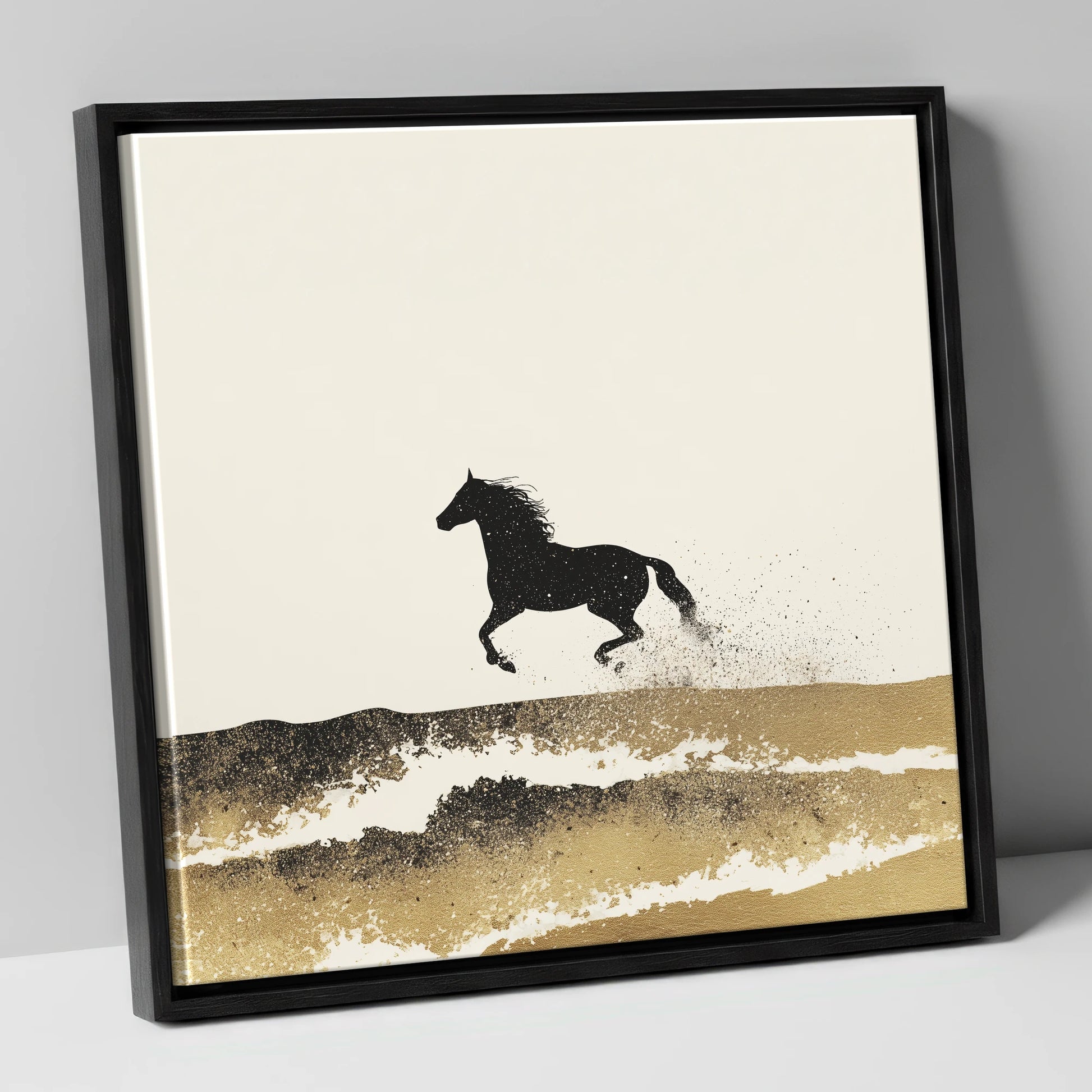Gilded Coastal Gallop beach horse canvas wall art in black frame