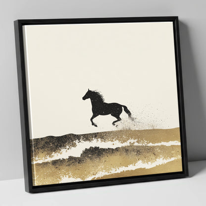 Gilded Coastal Gallop beach horse canvas wall art in black frame
