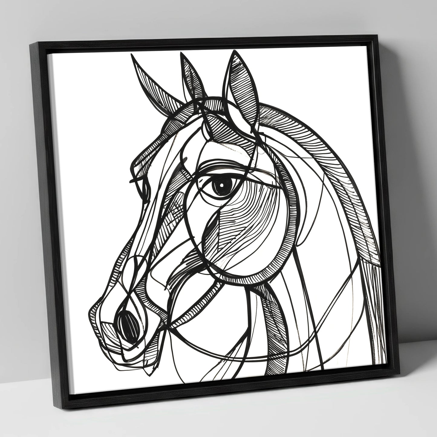 Bold Linear Equine horse portrait canvas wall art in black frame