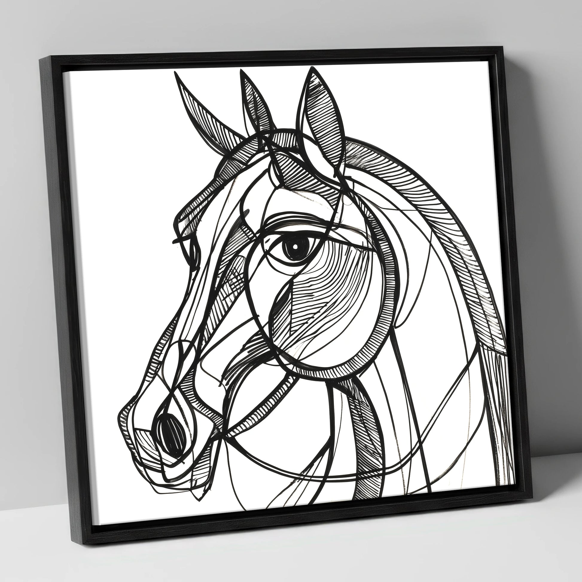 Bold Linear Equine horse portrait canvas wall art in black frame