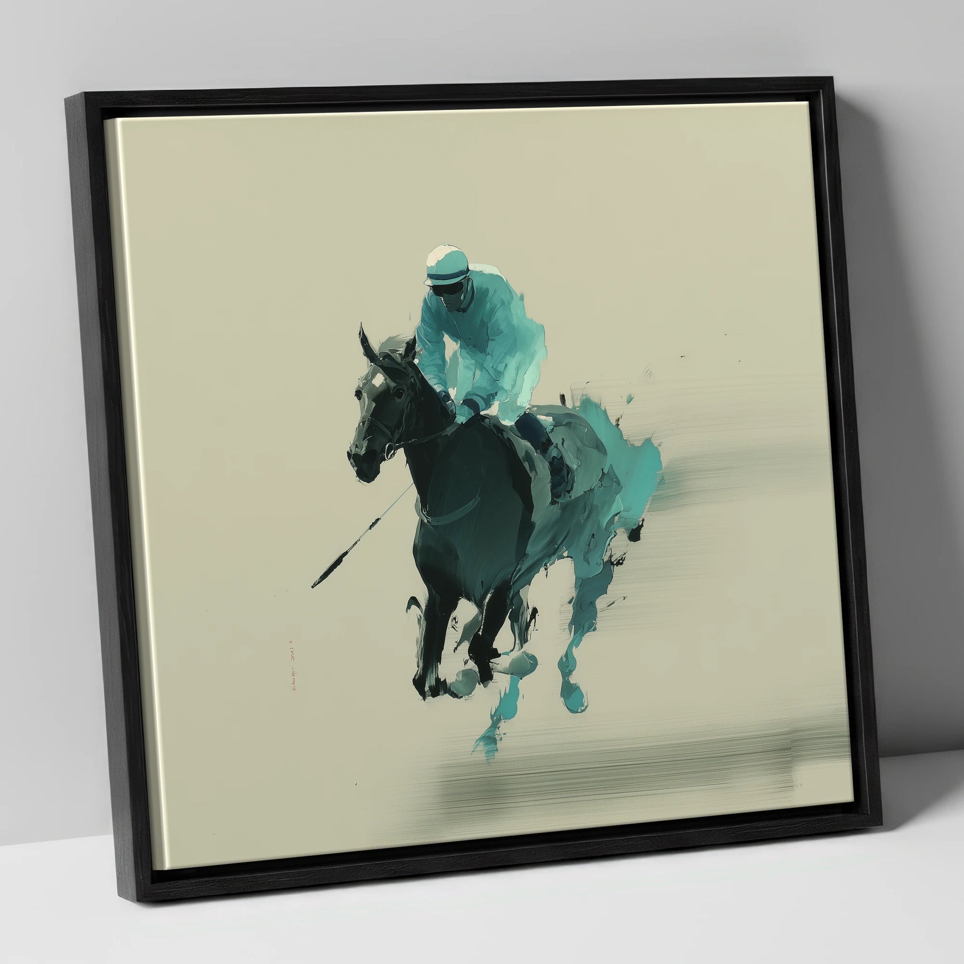 Teal Velocity racing horse canvas wall art in black frame