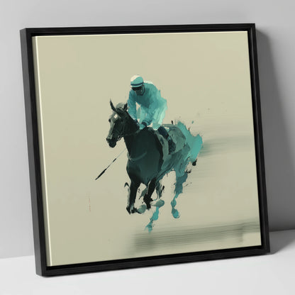 Teal Velocity racing horse canvas wall art in black frame
