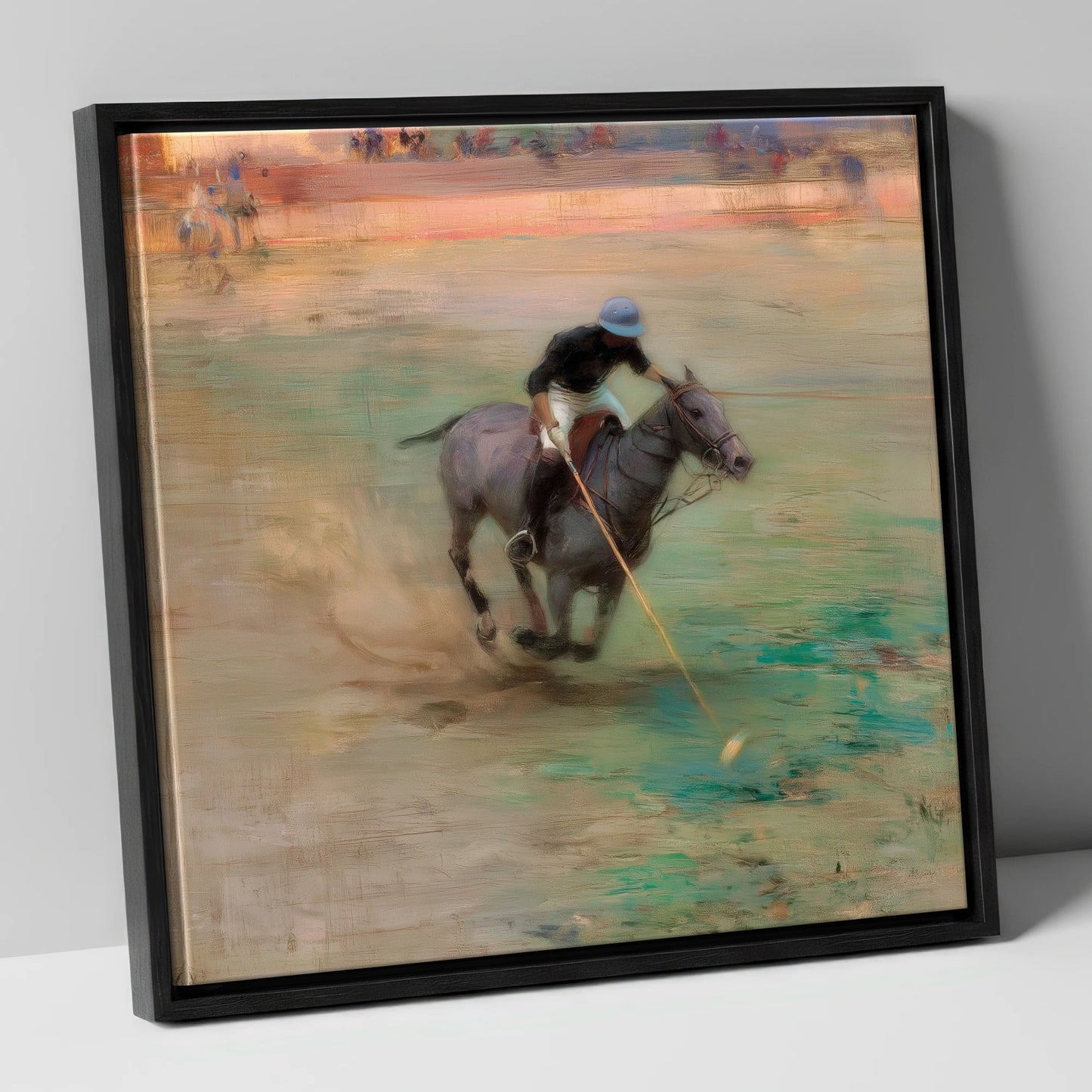 The Mid-Field Drive polo horse canvas wall art in black frame