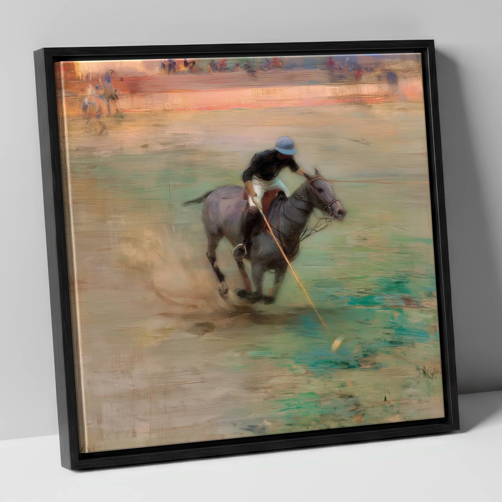 The Mid-Field Drive polo horse canvas wall art in black frame