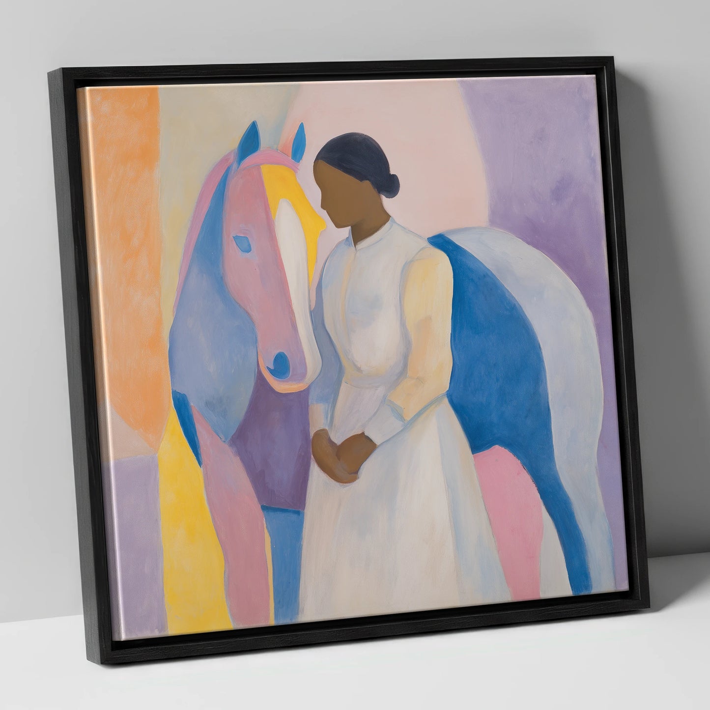 Abstract Equine Harmony horse & rider canvas wall art in black frame