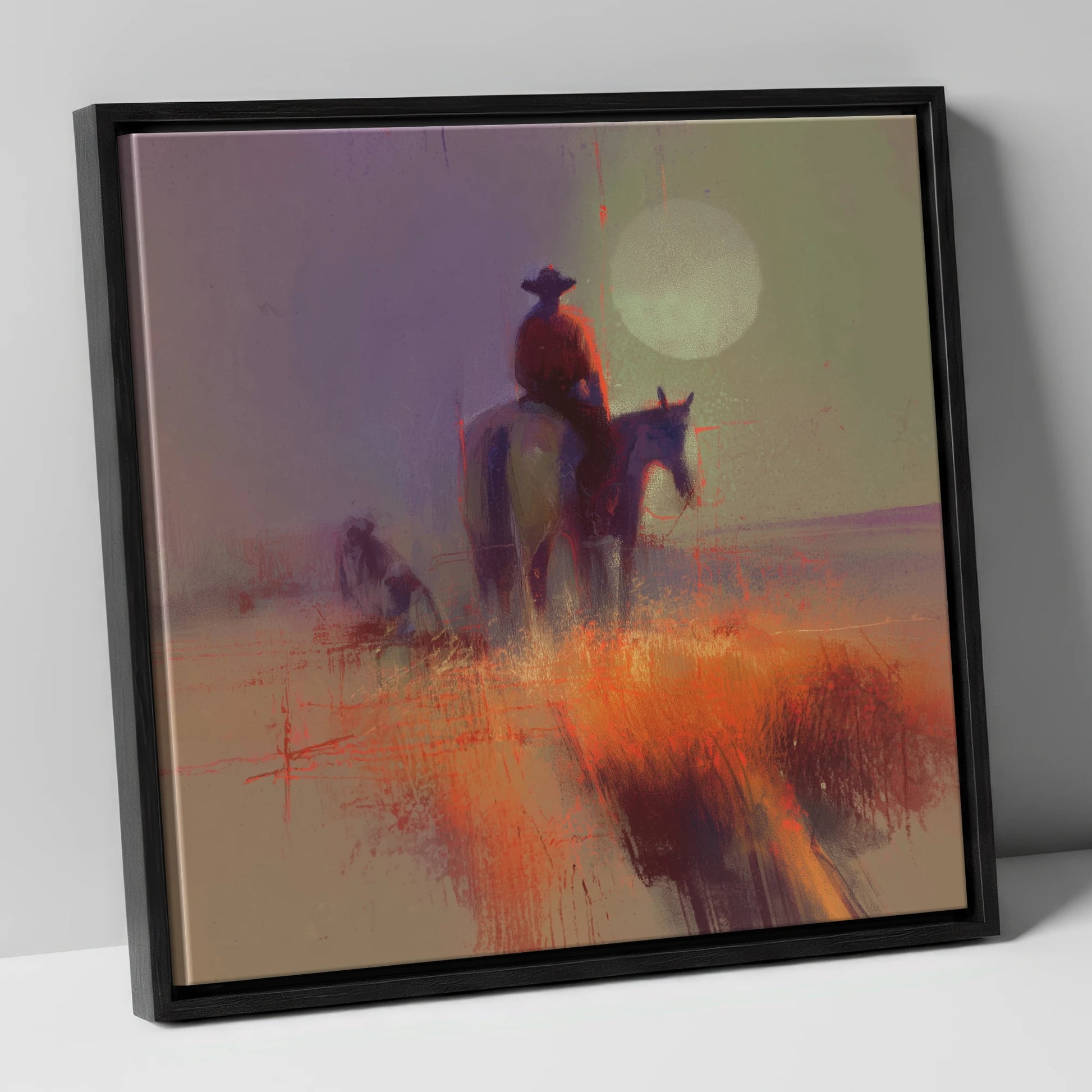 High Plains Sundown western horse canvas wall art in black frame