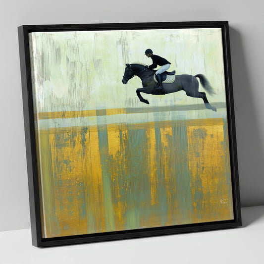 Flight Over Gold show jumping horse canvas wall art in black frame