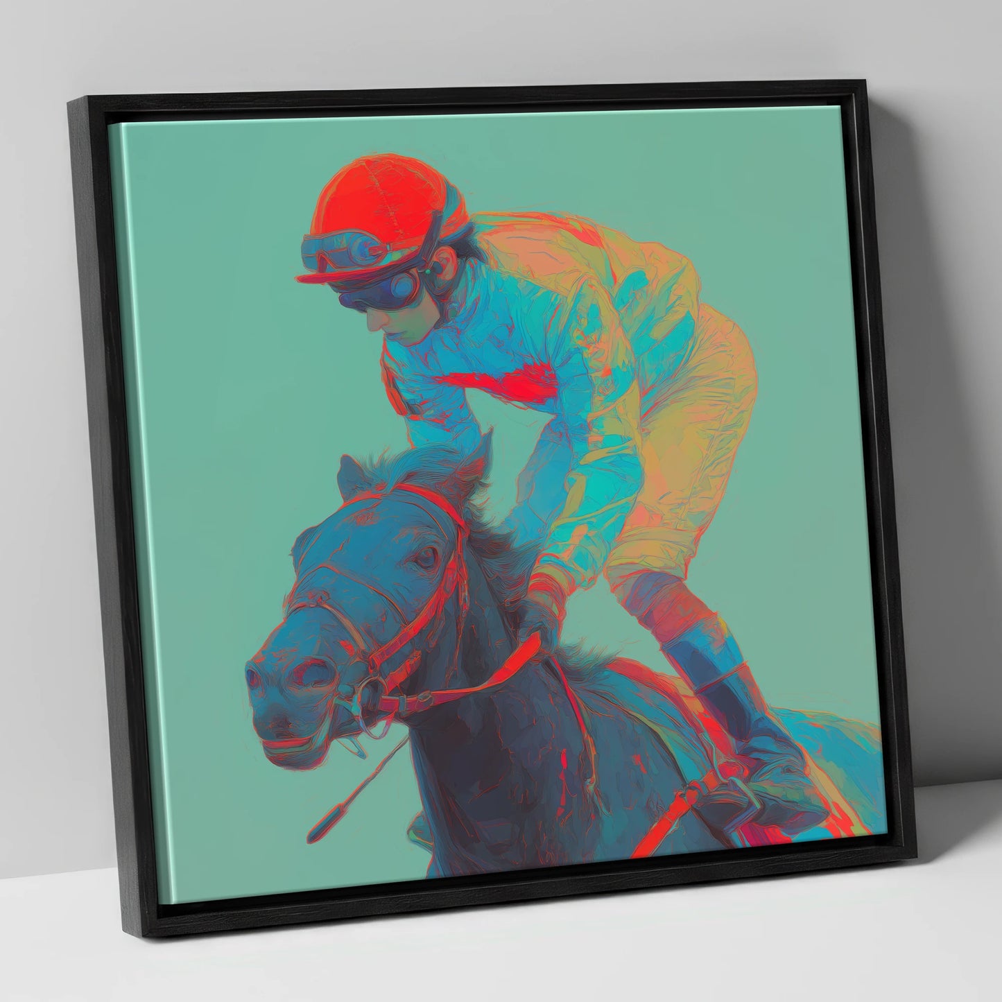 Electric Furlong racing horse canvas wall art in black frame